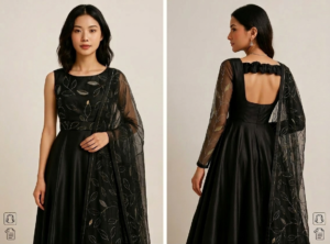 Designer Black Party Wear Dress with Net Sleeve