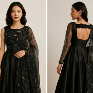 Designer Black Party Wear Dress with Net Sleeve